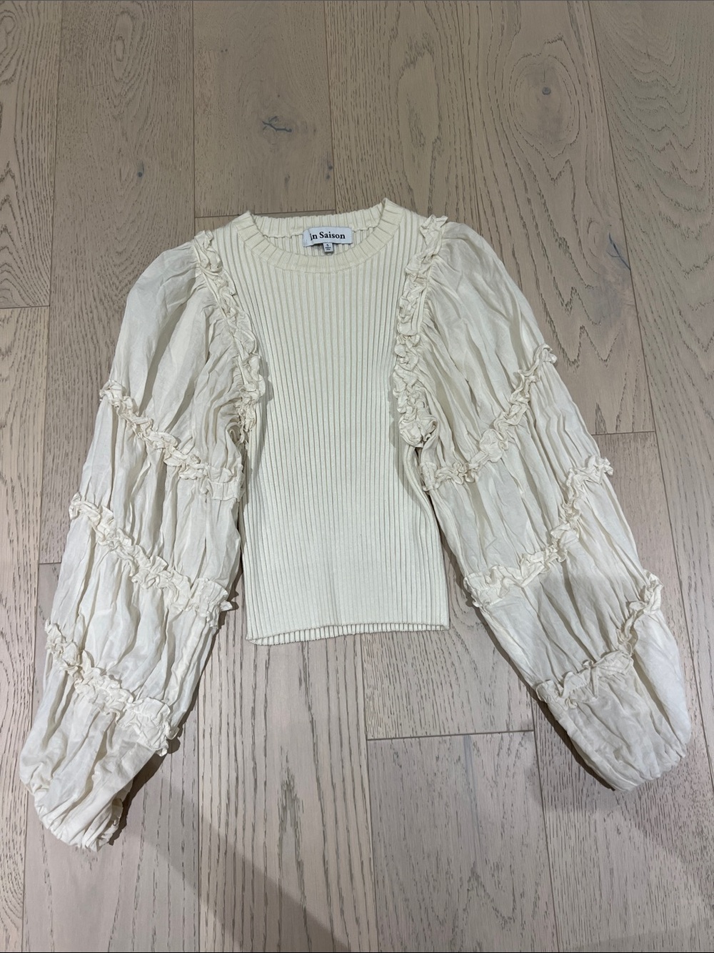 En Saison Ivory Ribbed Bodice Puff-Sleeve Blouse